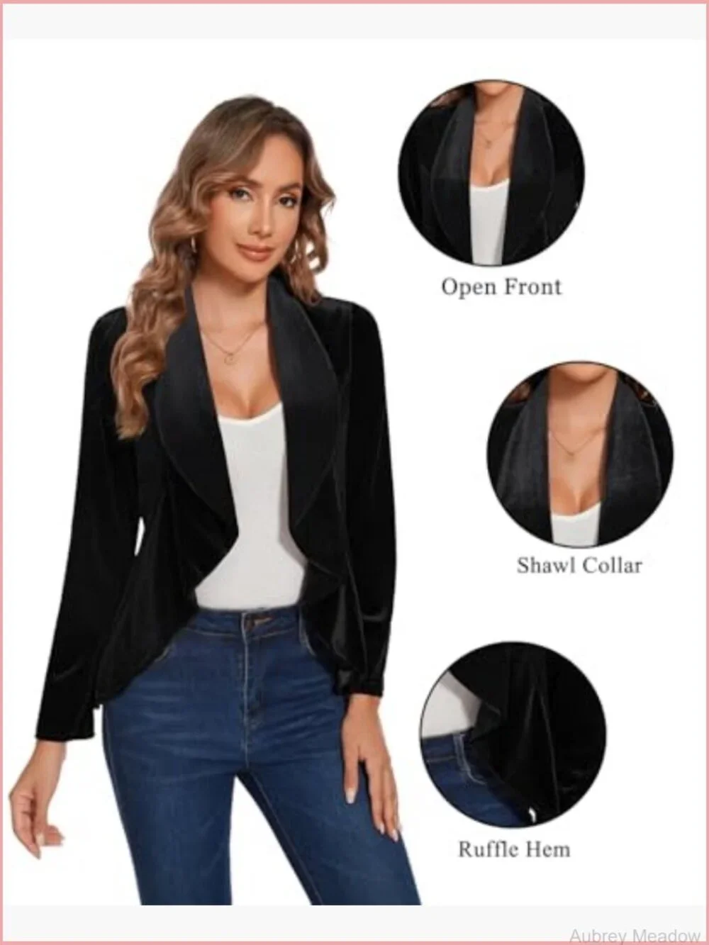 Velvet Open Front Blazer Shawl Lapel Ruffle Hem Long Sleeve Work Coat